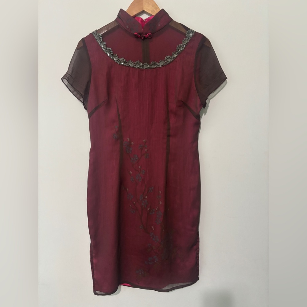 Women's 100% Silk Burgundy Sheer Sleeve Dress With Flower Details.